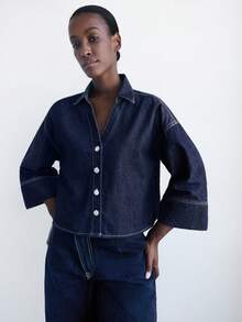 Maija 大码女式休闲牛仔衬衫，单排扣设计，七分袖 - 深色水洗藍 - 查看 3