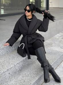 Vassilux 女士纯色交叉裹身保暖棉服，冬季时尚女士冬季外套 - 黑色 - 查看 1