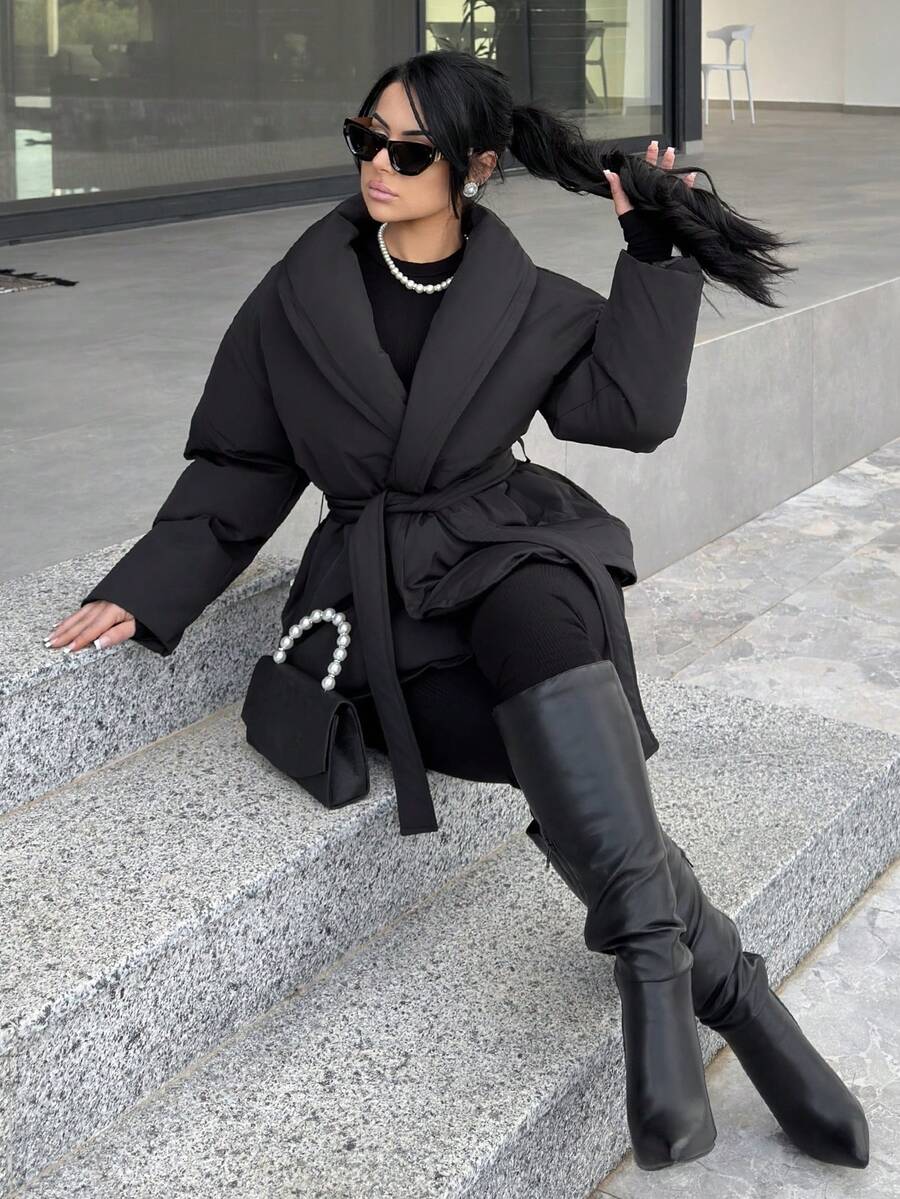 Vassilux 女士纯色交叉裹身保暖棉服,冬季时尚女士冬季外套 - 黑色 - 查看 1