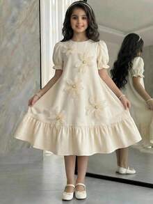 SHEIN Vestido ajustado con mangas abullonadas y flores 3D con cuentas para niña preadolescente, primavera/verano - Albaricoque - Ver 3