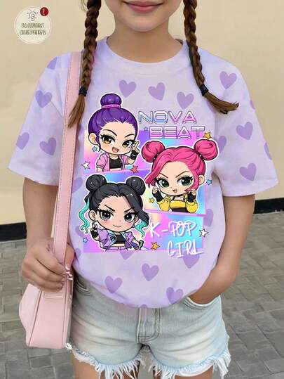 Sparklyn 1 pieza Camiseta estampada de estilo KPOP con diseño de personaje de dibujos animados colorido con corazón morado para niña preadolescente, manga corta, patrón de corazón morado todo sobre, ropa de moda para niñas, a juego con hermanas, adecuada para vacaciones, fiestas y uso diario, regalo para el Día de San Valentín y Navidad