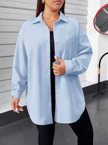 SHEIN Essnce 大码女装春夏时尚休闲运动舒适日常宽松粉色长袖纽扣衬衫和黑色紧身背心连体裤两件套，女士春季服装，女士机场服装，Y2k 服装，街头服饰 - 淺藍色 - 查看 5