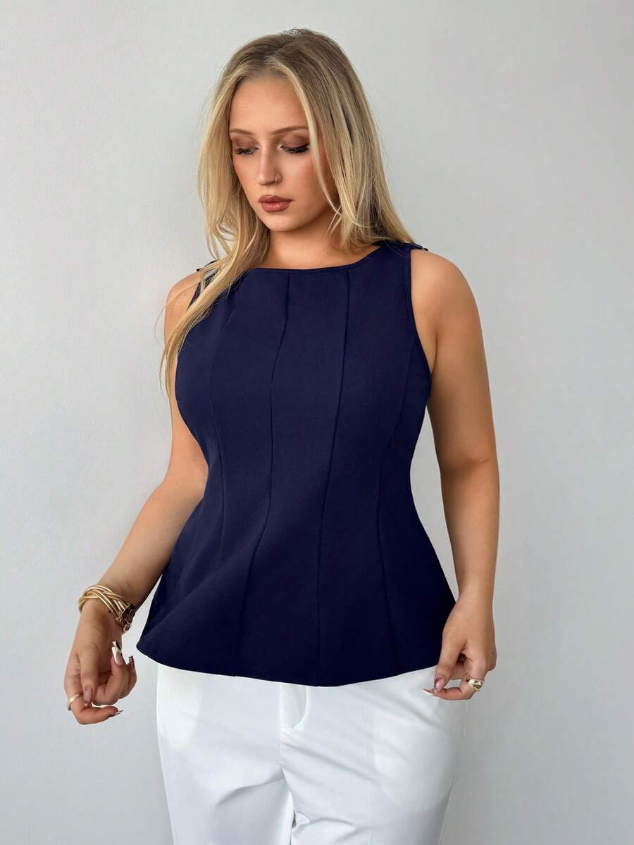 Auralis 大码女式夏季休闲日常办公通勤纯色蝴蝶结装饰褶皱无袖修身衬衫 - 藏蓝色 - 查看 1