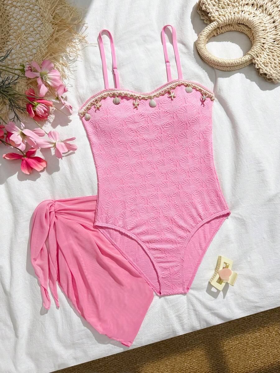 SHEIN 少女夏季时尚沙滩度假风粉色特色针织面料可调节肩带绳贝壳装饰连体泳衣和裹身系带纱笼裙两件套粉色连衣裙少女粉色坦克背心式泳衣连衣裙连体泳衣带裙子少女连衣裙贝壳泳衣粉色纹理泳衣粉色泳衣粉色连体泳衣贝壳细节泳衣带罩衫连体泳衣纹理粉色泳装粉色泳衣泳装粉色玛丽女孩泳衣S - 藕粉色 - 查看 1