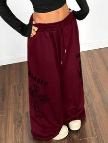 StreetHx Women's Punk Letter & Cross Print Wide Leg Sweatpants - Burgundy - View 6