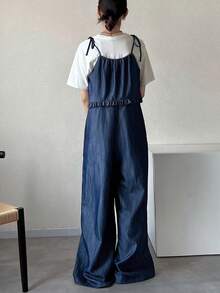 FRIFUL 女士吊带阔腿连体裤，腰部荷叶边蕾丝拼接 - 藍色 - 查看 2