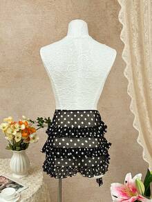 Bellisia 2026 Latest Bestselling Black Background White Dot Print 3-Layer Ruffle Asymmetric Bow Tie Design Swimsuit Skirt, Sweet & Cute Style For Summer Beach Vacation - Black and White - View 7