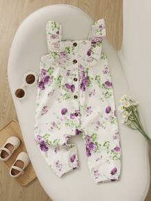 SHEIN Playful Pals Romper Tanpa Lengan Motif Bunga untuk Bayi Perempuan dan Balita, Kerah Persegi, dan Hem Berkerut, Cocok untuk Kegiatan Musim Semi/Panas, Liburan, dan Pakaian Sehari-hari - Purple - View 3