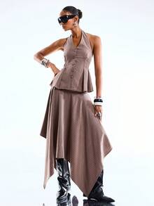 LYSMO 2026 New Arrive Minimalism Spring/Summer Women's Printed Minimalist Casual Sleeveless Top And Skirt Suit Set - Khaki - View 3