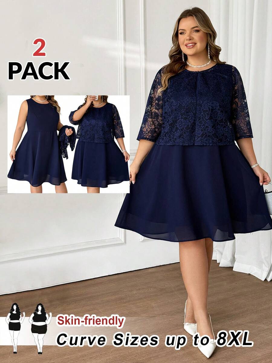 SHEIN CURVE+ 新款加大码女士优雅藏蓝色纯色蕾丝无袖上衣连衣裙两件套，夏季生日/活动/办公/教堂/婚礼/节日礼服 - 藏蓝色 - 查看 1