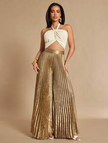 Silquee Women's Metallic Pleated Long Pants, Spring/Summer - Gold - View 1