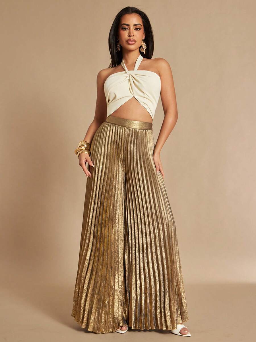 Silquee Women's Metallic Pleated Long Pants, Spring/Summer - Gold - View 1