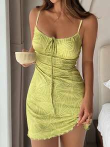 DAZY Áo ngủ ngắn không tay cổ chữ V thắt dây, họa tiết thực vật mùa hè dành cho nữ - màu xanh lá - Xem 1