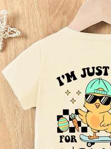 Baby Boys' Casual Fashionable Creative Cute Round Neck Fitted Knit T-Shirt With "I'M JUST HERE FOR THE CHICKS" Easter Chick & Egg Letter Print, Spring To Summer Outfits - Apricot - View 5