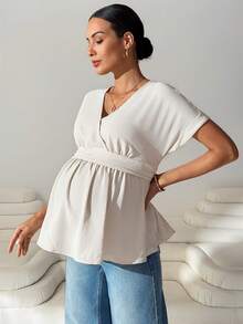 MaterniWear Áo bầu dáng suông, màu trơn, cổ chữ V, tay ngắn, eo thon. - Màu be - Xem 3