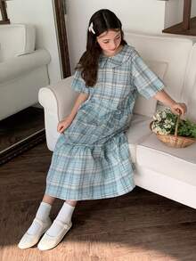 DAZY Tween Girl Plaid Print Ruffle Collar Casual Short Sleeve Dress - Blue - View 1