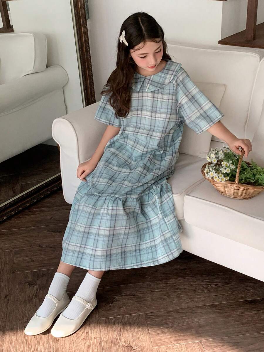 DAZY Tween Girl Plaid Print Ruffle Collar Casual Short Sleeve Dress - Blue - View 1