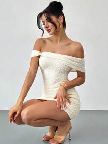 Firerie 女士优雅简约浪漫假日派对婚礼宾客伴娘生日聚会约会度假海滩露肩金属装饰针织纹理修身迷你连衣裙，杏色 - 杏色 - 查看 7