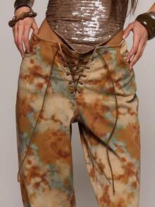 MUSERA 孔雀印花系带直筒牛仔裤，酷女孩街头风，秋冬外出必备 - 彩色 - 查看 5