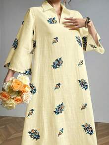 Al Najma Vestido largo casual con cuello y bordado de ojales - Amarillo - Ver 4