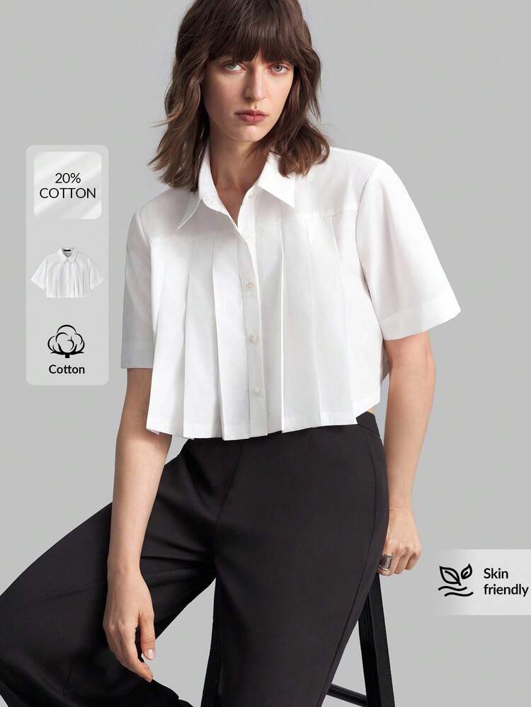 2026 Spring/Summer Women's White Pleated Short Sleeve Casual Pleated Decor Mid-Sleeve Cotton Shirt, Classic Retro Style Blouse, Versatile Elegant Office Wear, Back To School Season