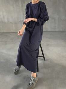 FRIFUL Vestido casual de mujer con patrón de letras, volantes y hombros caídos de manga larga, otoño - Azul Marino - Ver 4