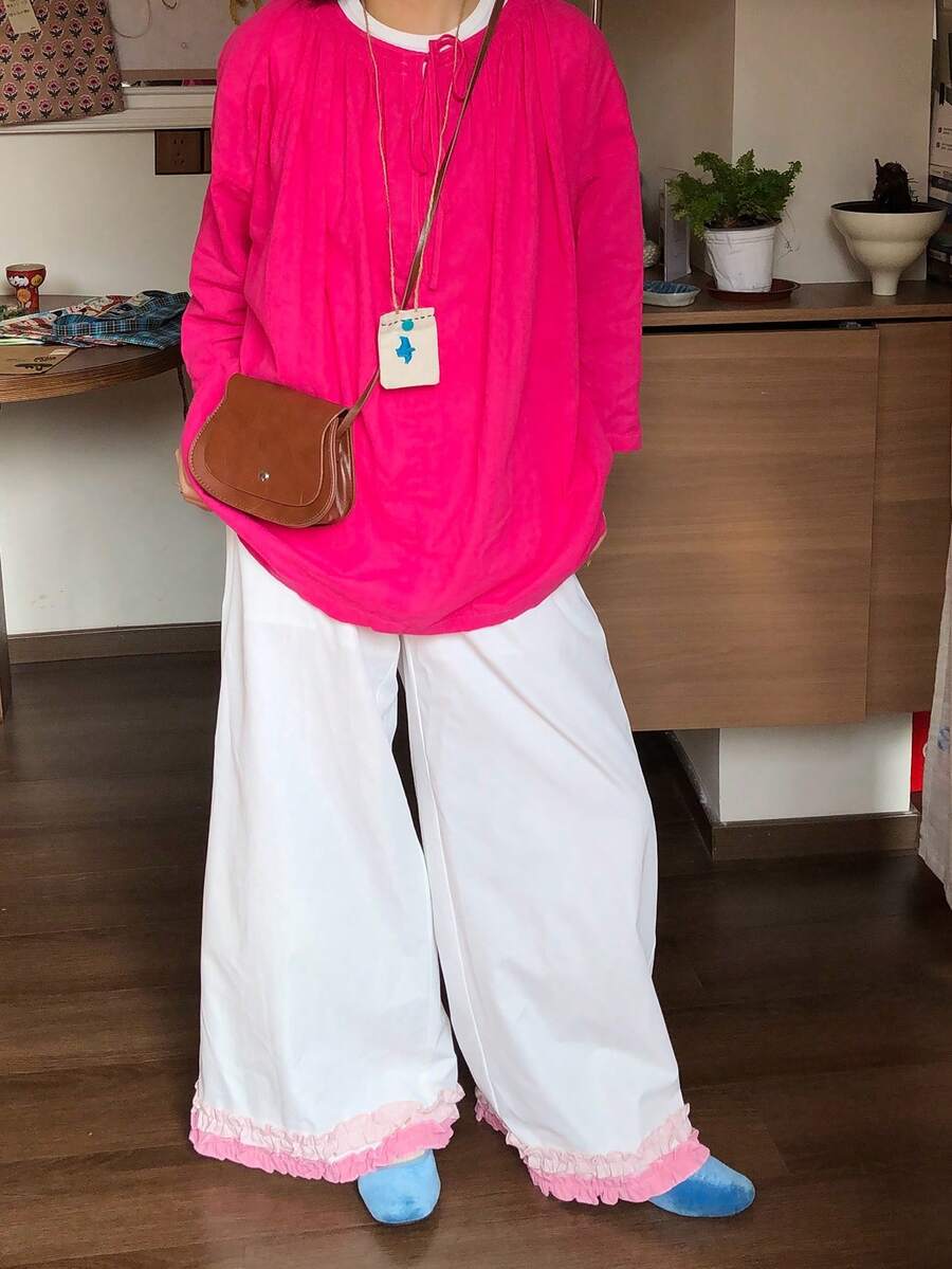 DAZY Women's Loose Ruffled Hem Casual Wide Leg Pants, Korean Style - White - View 1