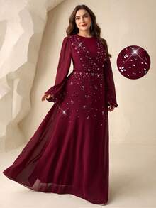 Coutiva Plus Size Women's Rhinestone Decor Lantern Sleeve Elegant Formal Evening Gown Long Sleeve Formal Dress Plus Size Dresses Burgundy Wine Dress Designer Dresses For Women Turkish Dress - Burgundy - View 3
