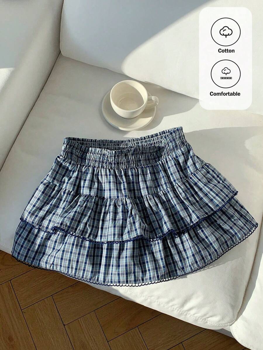 Comfortcana 2026新款春夏时尚女式休闲格子荷叶边迷你裙，夏季女式海滩度假风，2000年代风格 - 藏蓝色 - 查看 1