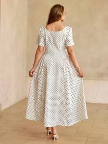 Roveilla 加大码女式杏色底黑色波点方领收腰泡泡袖褶皱喇叭下摆长连衣裙，浪漫波点，法式复古优雅正式办公通勤商务休闲海滩度假街头风下午茶情人节约会波西米亚中东风春夏新款 - 杏色 - 查看 2