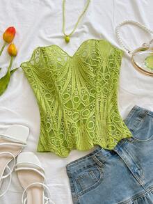 Soleia Top corset con capas de encaje y hombros descubiertos, top bordado calado, adecuado para vacaciones, discoteca, invitado de boda, otoño - Verde - Ver 6