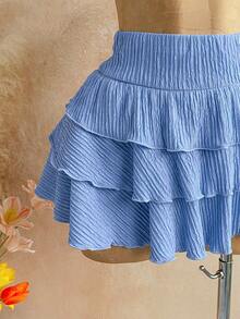 Soleia New Knit Textured Halter Neck Asymmetric Hem Top + Low Waist Layered Ruffle Hem Skirt 2 Pieces Set, Suitable For Holiday, Date, Valentine's Day, Afternoon Tea - Baby Blue - View 3