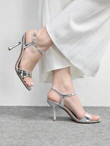 CUCCOO BIZCHIC 女士鞋履 春夏新款银色圆头细高跟踝带凉鞋 时尚舒适 百搭通勤凉鞋 女鞋 - 銀色 - 查看 3