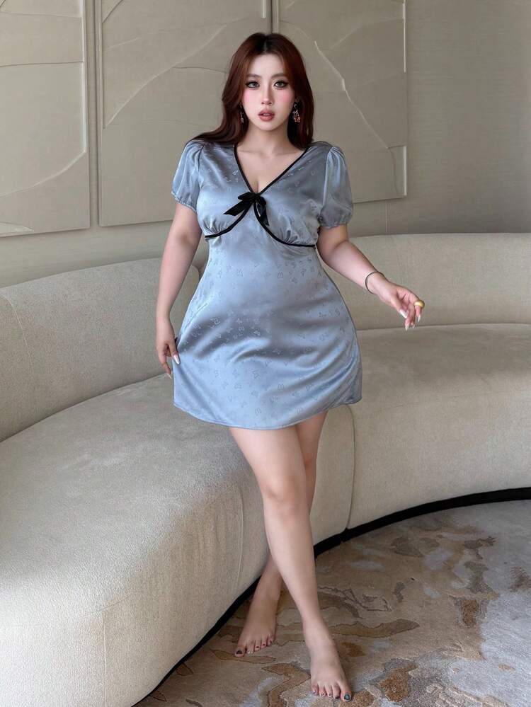Dazy Plus Plus Size Bow Tie Print Floral Pattern Contrast Color Splice Sexy Short Nightgown Summer