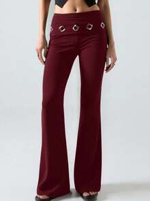 TypaGal Women's Casual Fashion Street Chic Daily Commute Metal Decor Foldover Waist Flare Leg Pants Bell Bottom Pants Flared Pants - Burgundy - View 3