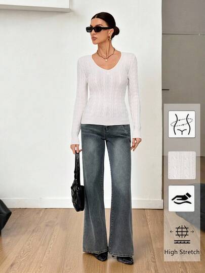 SHEIN Tall 女士秋冬复古学院风 Y2K 日常穿搭外出文艺复兴集市夜店装扮白色 V 领毛衣