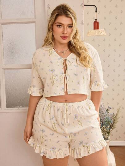 Plus Size Ditsy Floral Tie-Front Ruffle Trim Top And Shorts Pajama Set, Romantic French Country Style