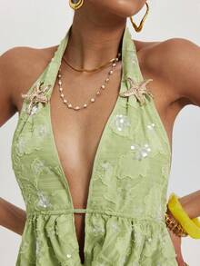 Coolane Women's Spring/Summer Chic Vacation Outfits Sequin Floral Sparkly Green Cowl Neck Backless Tank Tops - Green - View 4