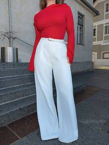 Jeta Ari Elegant & Stylish Design Pleated White Women's Suit Pants, Pockets, Straight Leg, Suitable For Tall, Fall, Winter, Summer, Spring, New Year, Party, Wedding, Elegant, Chic, Stylish, Business Casual - White - View 3