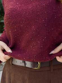 Gretanique 女士休闲亮片圆领毛衣，秋季 - 酒紅色 - 查看 3