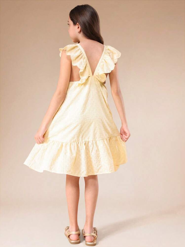 Tween Girls Ruffle Sleeve Polka Dot Midi Dress With Empire Waist And Tiered Hem Summer Spring Feminine