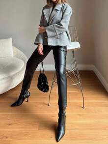 SHEIN Petite Women Drawstring Waist PU Leather Pants - Black - View 3