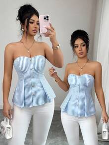 SHEIN Elenzya Best-Selling Women's Blue & White Striped Cropped Camisole Top With Waist Cinching Design, Metal Decor, Casual Elegant Sleeveless Vest - Blue and White - View 3