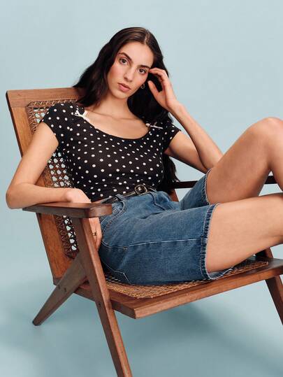 lacRébo Polkatdot Stretchy Tee With Open Neckline And Bows Detail Chic Top Spring Summer Vacation French Style Parisian Style Black And White Top