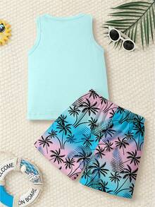 SHEIN Playful Pals 2pcs Baby Boy Casual Vacation Sunset Print Tank Top And Shorts Set, Suitable For Outdoor Summer - Multicolor - View 3
