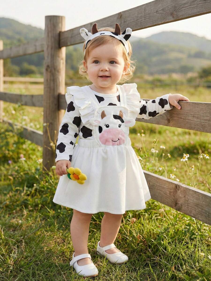 SHEIN Playful Pals Baby Girl Spring&Autumn Cute Style ,Interlocking Bobysuit &Bee Pattern Dress Give Headband - Black - View 1