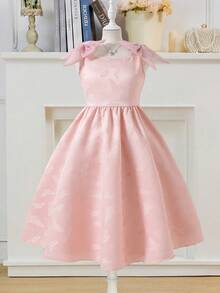 SHEIN Textured Fabric Flower Girl Dress With Bow Shoulder Decor, A-Line Silhouette, Short Length, Suitable For Weddings, Parties, Birthdays, Banquets - Pink - View 4