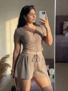 SHEIN MOD Plus Size Comfortable Set, Khaki Casual Brushed Ribbed Short Sleeve T-Shirt And Shorts Set, Spring/Summer Loungewear.Plus Size Taupe Ribbed Knit Two Piece Set Short Sleeve Top V Neck Wrap Front Drawstring Waist High Rise Shorts Soft Texture Lightweight Fabric Relaxed Fit Comfortable Wear Subtle Sheen Minimalist Style Elastic Waistband Casual Look Simple Design Gentle Stretch Summer Casual Outfit Woman Summer Outfit Set Shorts Outfit Set - Khaki - View 10