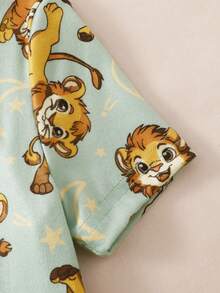 2件套幼儿男童可爱卡通狮子动物印花圆领短袖上衣和弹力腰带长裤休闲针织家居服套装 - 綠色 - 查看 5