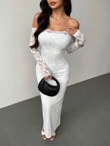 SHEIN PETITE Đầm ngắn tay dài trễ vai phối ren dành cho nữ, đầm hè, quần áo mùa xuân. - trắng - Xem 4